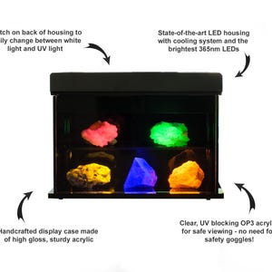 Puede incluir: Vitrina negra con minerales brillantes. La vitrina tiene un interruptor para luz blanca y UV, y est&aacute; hecha de acr&iacute;lico de alto brillo. La vitrina tiene una carcasa LED de &uacute;ltima generaci&oacute;n con sistema de refrigeraci&oacute;n. El texto dice: "Acr&iacute;lico OP3 transparente, bloqueador de rayos UV para una visualizaci&oacute;n segura: &iexcl;no se necesitan gafas de seguridad!"