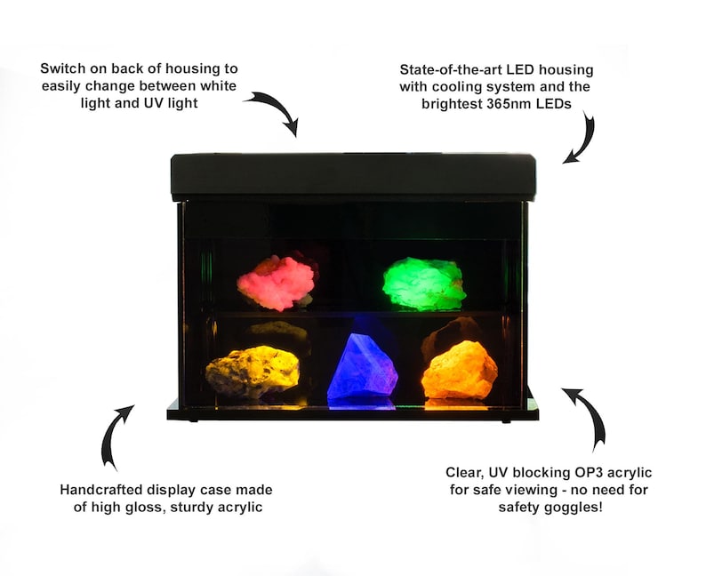 Puede incluir: Vitrina negra con minerales brillantes. La vitrina tiene un interruptor para luz blanca y UV, y est&aacute; hecha de acr&iacute;lico de alto brillo. La vitrina tiene una carcasa LED de &uacute;ltima generaci&oacute;n con sistema de refrigeraci&oacute;n. El texto dice: "Acr&iacute;lico OP3 transparente, bloqueador de rayos UV para una visualizaci&oacute;n segura: &iexcl;no se necesitan gafas de seguridad!"