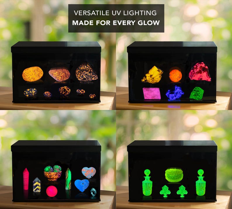 Puede incluir: Cuatro vitrinas negras que muestran varios minerales y objetos brillantes bajo luz ultravioleta. La parte superior de la imagen dice "VERSATILE UV LIGHTING MADE FOR EVERY GLOW". Las vitrinas contienen rocas, cristales y objetos decorativos en colores vibrantes.