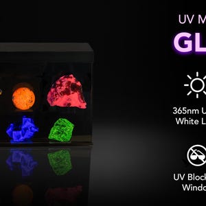 Puede incluir: Una vitrina negra, la GLOBOX, exhibe varios minerales fluorescentes. Los minerales brillan en colores vibrantes: amarillo, naranja, rojo, rosa, azul y verde. La pantalla cuenta con 365nm UV y luz blanca, se activa por movimiento y tiene una ventana de bloqueo UV y filtros de alta calidad.
