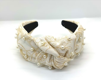 Gold Flower and Pearl Headband, Topknotted Padded Headband, Headband for Little Girls, Ivory and Pearl Headband for Women, Gift for Her