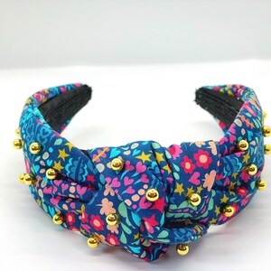 Navy Blue Floral and Gold Stud Headband, Topknotted Padded Headband, Headband for Little Girls, Headband for Women, Gift for Her