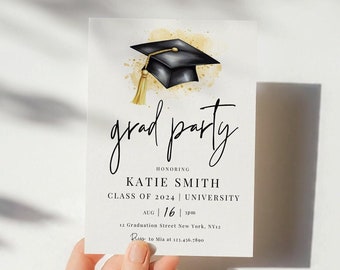 May include: A graduation party invitation with a black graduation cap on a gold watercolor background. The text reads "grad party" in cursive, "Honoring Katie Smith", "Class of 2024 | University", "Aug | 16 | 3pm", "12 Graduation Street New York, NY12", and "RSVP to Mia at 123.456.7890".