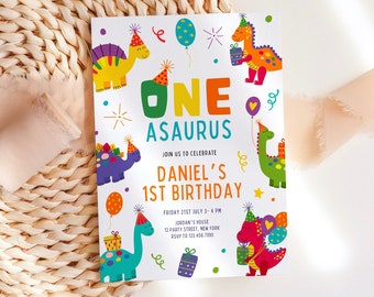 Convite de aniversário de dinossauro One-Asaurus Download digital Modelo de convite de festa Dino Convite de festa de primeiro aniversário Download instantâneo OB3
