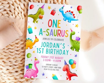 Convite de aniversário do dinossauro One-A-Saurus Download digital Modelo de convite para festa Dino Canva Convite para festa de primeiro aniversário Download instantâneo