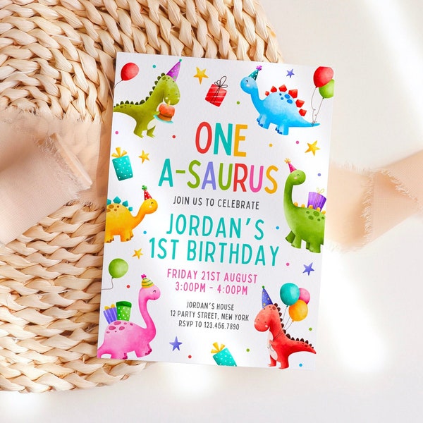 One-A-Saurus Dinosaur Birthday Invitation Digital Download Dino Party Invitation Template Canva 1st Birthday Party invite Instant Download