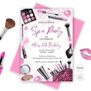 Pamper Party Invites Templates Spa Party Birthday Invitation Canva Editable Pink Makeup Party invitation Instant Digital Download