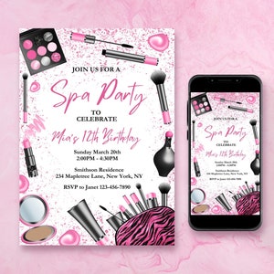 Pamper Party Invitation Template Canva Spa Party Birthday Invitation Editable Pink Makeup Party invitation Digital Invite Girl Party Evite