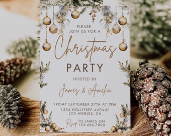 Gold Christmas Party Invitation Template Editable Holiday Party Invite Christmas Baubles Festive Invite Editable Download