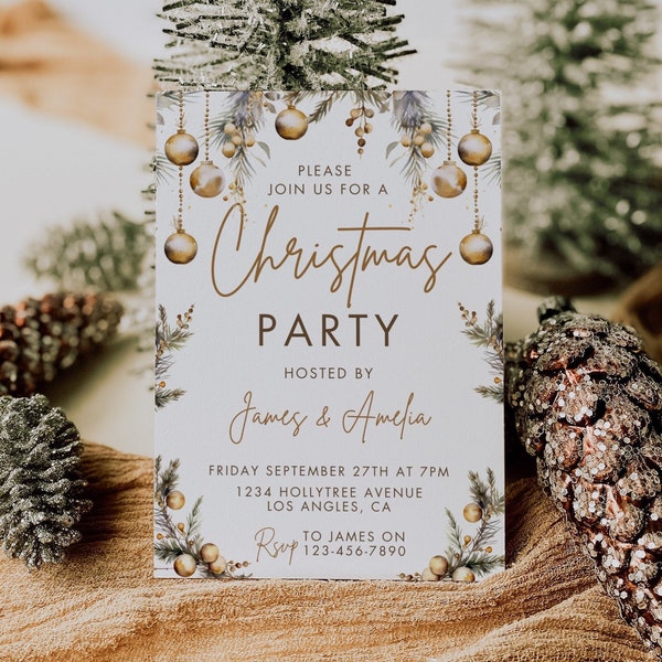 Gold Christmas Party Invitation Template Editable Holiday Party Invite Christmas Baubles Festive Invite Editable Download