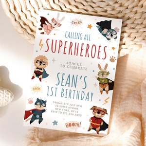 Modelo de convite de aniversário de super-herói fofo para imprimir convite de menino convite de festa de super-herói convite de aniversário de menino superpets editável