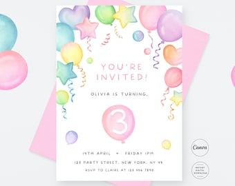 Bewerkbare ballon verjaardagsuitnodiging digitale download Minimalistische uitnodigingssjabloon Kinderfeestje uitnodigen Instant Download