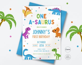 Modelo de convite de aniversário de dinossauro One-a-saurus para impressão, convite de aniversário infantil, primeiro aniversário, convite de festa Dino, aniversário de menino