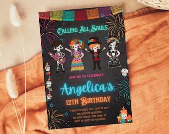 Day of the Dead Halloween Birthday Invitation Template Halloween Party Invite Sugar Skull Dia de los Muertos Invite Editable Download
