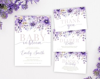 Lavender Baby in Bloom Baby Shower Invitation Template Editable Baby Shower Decorations Purple Floral Baby Shower Baby Gift Digital BSB008