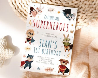 Cute Superhero Birthday Invitation Template Printable Boy Invitation Superhero Party Invite Boy Birthday Superpets Invitation Editable