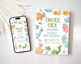 May include: A digital invitation for a child's third birthday party. The invitation features a dinosaur theme with colorful illustrations of dinosaurs, a sun, and clouds. The text on the invitation reads "Three Rex" and "Oliver's 3rd Birthday".