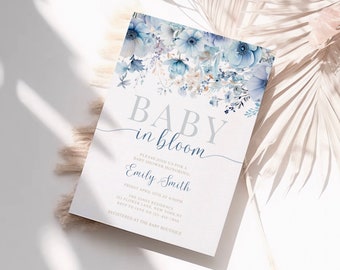 Dusty Blue Baby in Bloom Baby Shower Invitation Template Editable Boy Baby Shower Spring Floral Baby Shower Decorations Digital Download