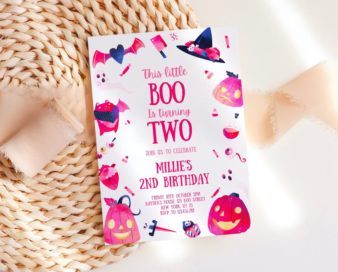 Pink Halloween Birthday Invitation Template Printable Kids Etsy