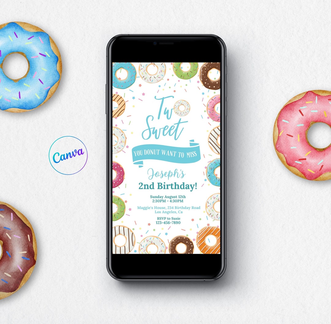 Donut Birthday Invitation Template Canva Two Sweet Invitation - Etsy