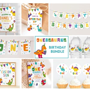May include: A printable dinosaur-themed birthday party bundle with a variety of items, including a welcome sign, a banner, cupcake toppers, water bottle labels, and a custom sign. The colors are bright and cheerful, with a mix of green, yellow, orange, and blue. The text on the welcome sign reads "Welcome to Daniel's 1st Birthday". The banner says "Happy Birthday". The cupcake toppers have the number "one" on them. The water bottle labels have a dinosaur with the text "Oneasaurus" on them. The custom sign has the text "Custom Sign" on it.