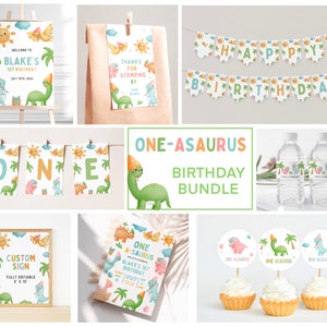 May include: A printable dinosaur-themed birthday party bundle featuring a green, yellow, and blue colour scheme. The bundle includes a welcome sign, a thank you sign, a banner, water bottle labels, cupcake toppers, and a custom sign. The text on the welcome sign reads "Welcome to Blake's 1st Birthday". The text on the thank you sign reads "Thanks for stomping by". The banner reads "Happy Birthday". The water bottle labels feature a dinosaur with the text "Blake's 1st Birthday". The cupcake toppers feature a dinosaur with the text "One-Asaurus". The custom sign is blank and can be personalised with any text.
