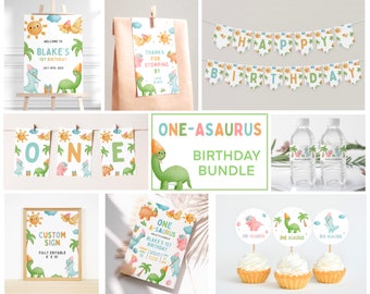 One-asaurus Dinosaur Birthday Bundle Digital Download Editável Dino 1st Birthday Invitation Imprimível Dinosaur Party Decor Obrigado Tag OB1