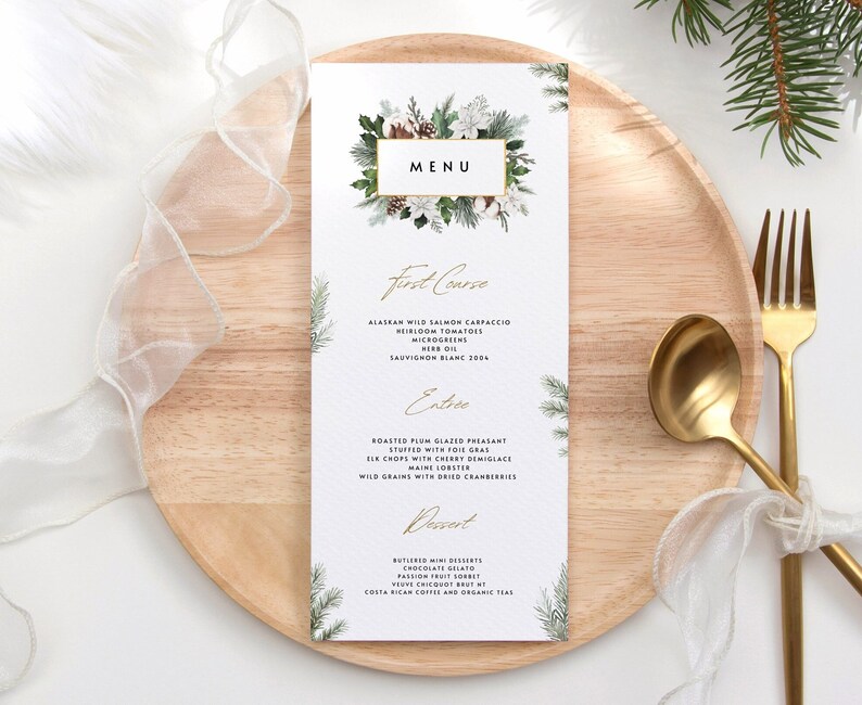 Editable Christmas Dinner Menu Template Traditional Holiday Party Printable Modern Party Menu