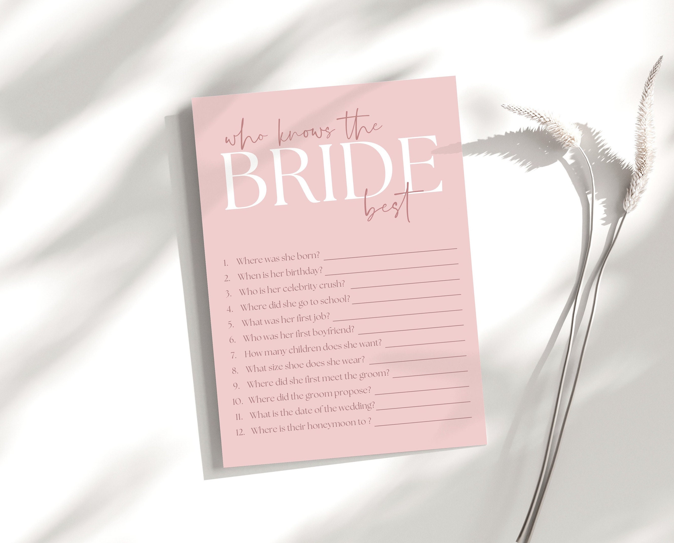 Printable Bridal Shower Games Hen Party Games Who Knows the Bride Best Hen Party Accessories ...