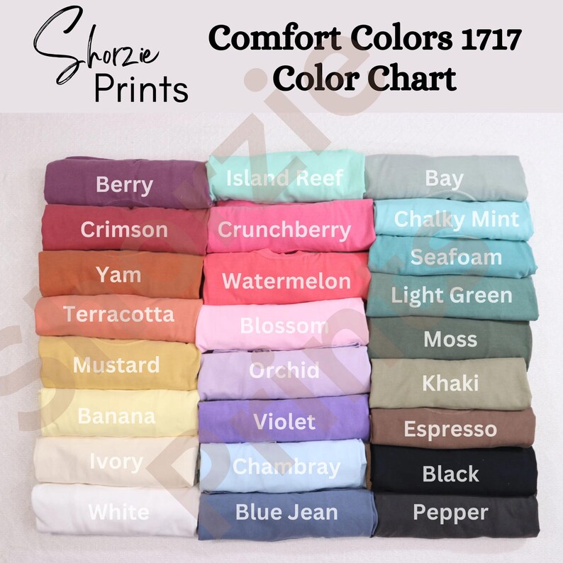 May include: A color chart displays a variety of Comfort Colors 1717 t-shirt hues. The chart includes colors like Berry, Crimson, Yam, Terracotta, Mustard, Banana, Ivory, and White. Other colors include Island Reef, Crunchberry, Watermelon, Blossom, Orchid, Violet, Chambray, and Blue Jean.