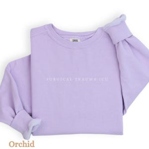 May include: A lavender sweatshirt with the text "SURGICAL TRAUMA ICU" printed in white on the front.