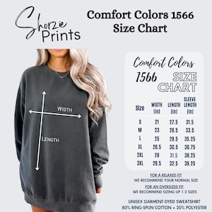 Pode incluir: Uma tabela de tamanhos para sweatshirts Comfort Colors 1566. A tabela mostra a largura, o comprimento e o comprimento da manga em polegadas para os tamanhos S a 3XL. A tabela tamb&eacute;m inclui informa&ccedil;&otilde;es sobre ajustes relaxados e de tamanho grande.