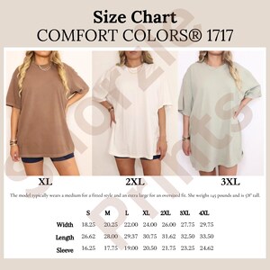 May include: Size chart for Comfort Colors 1717 t-shirts. The chart shows measurements for sizes S through 4XL. The model typically wears a medium for a fitted style and an extra large for an oversized fit. The model weighs 145 pounds and is 5'8" tall.