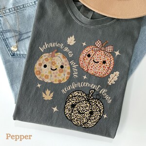 May include: A dark gray t-shirt with a pumpkin graphic. The graphic includes three smiling pumpkins with floral, plaid, and leopard print patterns. The text "behavior goes where reinforcement flows" is also on the shirt.