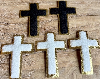 Cross Chenille Patch with Gold Glitter Black White