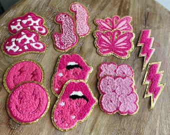 Girly Pink Chenille Iron-On Patch: Cowgirl Hat, Cheetah, Butterfly