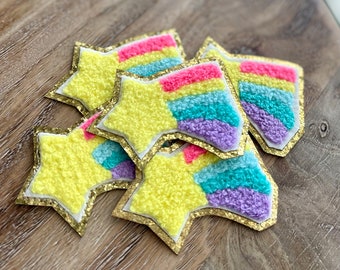 Rainbow Shooting Star Chenille Iron-On Patch with Gold Glitter