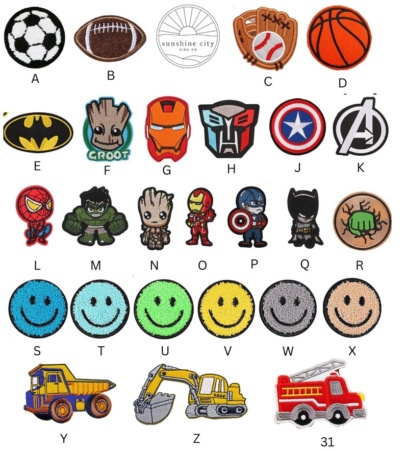 May include: A collection of embroidered patches featuring sports equipment, cartoon characters, and smiley faces. Includes a soccer ball, football, baseball glove, basketball, Batman logo, Groot, Iron Man, and a Transformers logo.