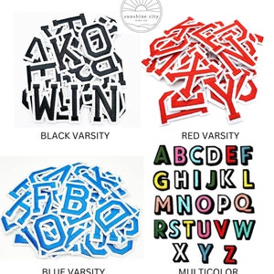 May include: A collection of varsity letter patches in black, red, blue, and multicolor. The black letters have a white outline, the red letters have a white outline, and the blue letters have a white outline. The multicolor letters have a black outline.