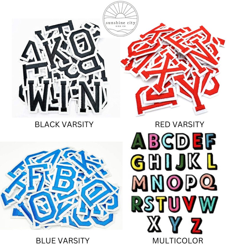 May include: A collection of varsity letter patches in black, red, blue, and multicolor. The black letters have a white outline, the red letters have a white outline, and the blue letters have a white outline. The multicolor letters have a black outline.