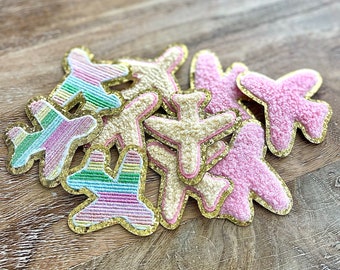 Chenille Patch Airplane Iron-On Chenille Patch Pink Airplane Iron-On Patch Girly Chenille Patches Rainbow Airplane