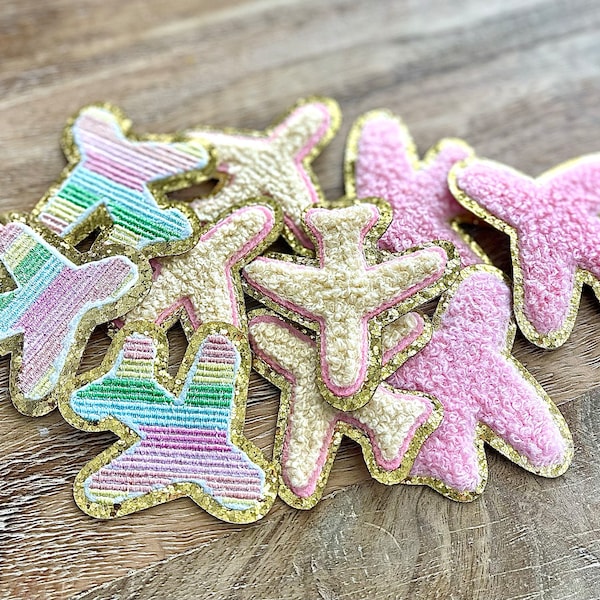 Chenille Patch Airplane Iron-On Chenille Patch Pink Airplane Iron-On Patch Girly Chenille Patches Rainbow Airplane