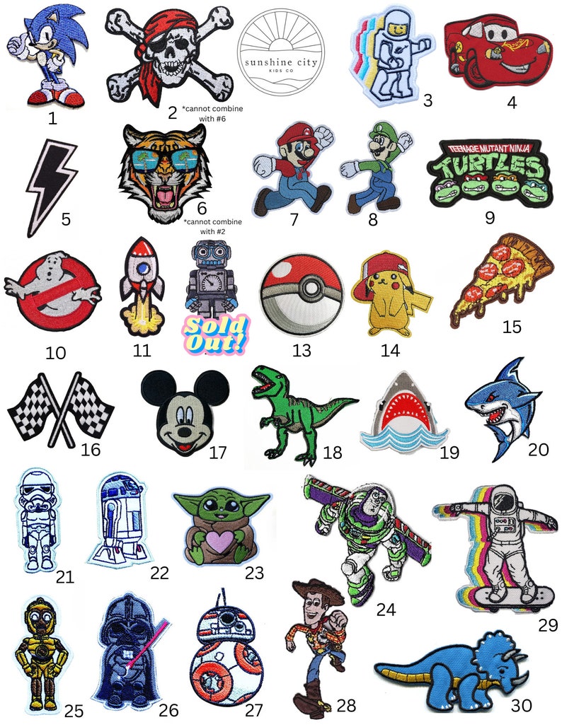 May include: Collection of embroidered patches featuring cartoon characters and pop culture icons. Includes Sonic the Hedgehog, a pirate skull, an astronaut, Lightning McQueen, a lightning bolt, a tiger, Mario, Luigi, Teenage Mutant Ninja Turtles, a Ghostbuster, a rocket, a robot, a Pokeball, Pikachu, pizza, checkered flags, Mickey Mouse, a T-Rex, sharks, a Stormtrooper, R2-D2, Baby Yoda, Buzz Lightyear, an astronaut on a skateboard, C-3PO, Darth Vader, BB-8, Woody, and a Triceratops.