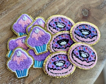 Chenille Patch: Donut, Cupcake Iron-On with Gold Glitter