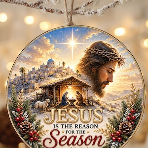 Jesus julgransprydnad PNG, Jesus är anledningen till säsongen, kristen födelse, 10 cm rund digital nedladdning
