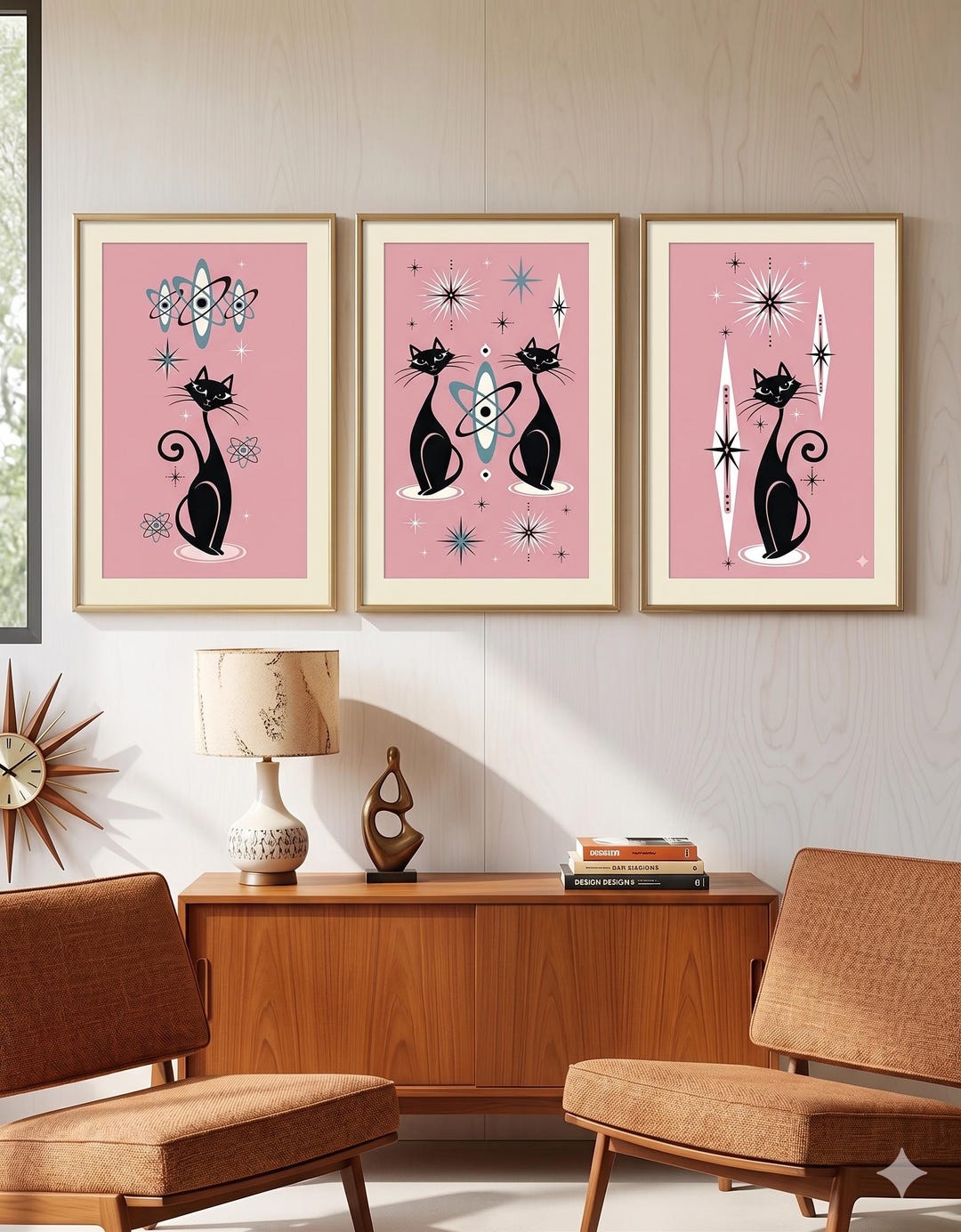 MCM Retro Cat Digital Print Set of 3, Mid Century Modern Wall Art ...