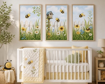Bee Nursery Wall Art Set, Floral Garden Baby Room Prints (Digital Download)