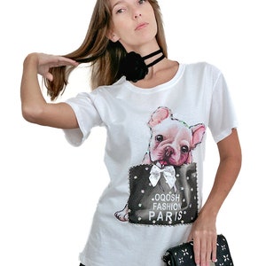Women's T-shirt with short sleeves, summer, 2024,Mother Day, Birthday with a pattern and rhinestone embellishments, casual, cotton 100%
