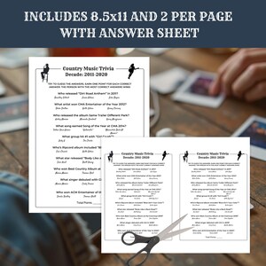 May include: Trivia game sheets for country music from 2011-2020, printed on 8.5x11 inch paper. The sheets include questions about artists, songs, and albums. The text on the sheets reads "Country Music Trivia Decade: 2011-2020."