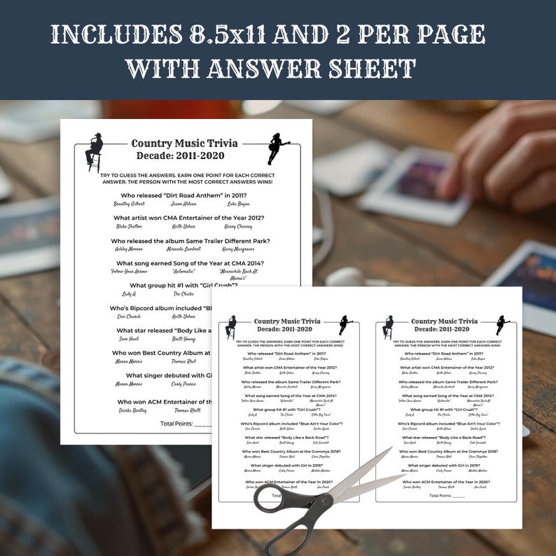 May include: Trivia game sheets for country music from 2011-2020, printed on 8.5x11 inch paper. The sheets include questions about artists, songs, and albums. The text on the sheets reads "Country Music Trivia Decade: 2011-2020."